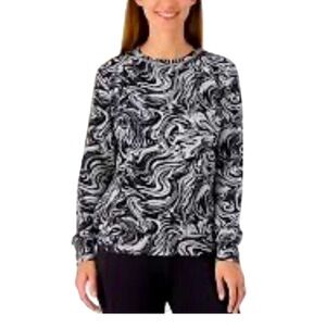 zuda Z-knit Crewneck Pullover | Gray & Black Swirl Pattern Long Sleeve Top | Sm